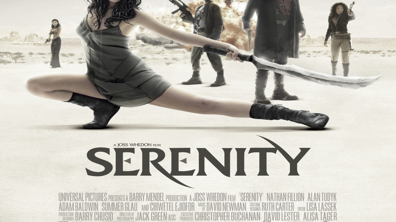 River, Mal, Zoe, Jayne, and Iinara in front of an explosion on the poster for Serenity (2005)