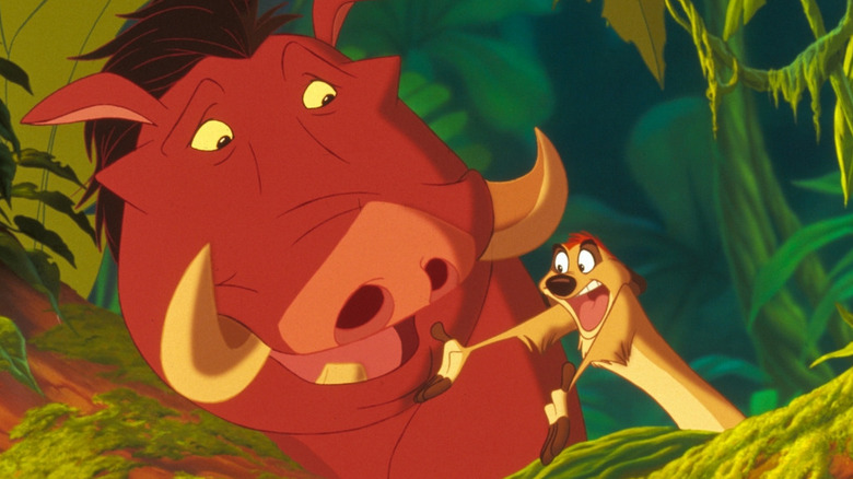 Timon yelling and Pumbaa looking concerned in The Lion King