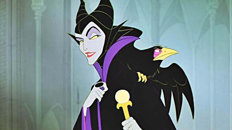 Maleficent looking over her shoulder with Diablo on her back in Sleeping Beauty