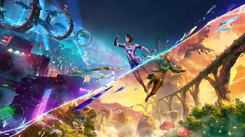 Colorful promo art of main characters Zoe and Mio from a sci-fi world and fantasy world in Split Fiction