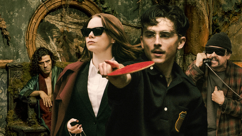 Collage of images from Frankenstein, Bugonia, Marty Supreme, and One Battle After Another