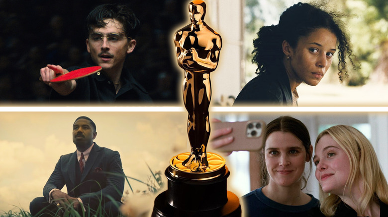 Images from Marty Supreme, One Battle After Another, Sinners, and Sentimental Value around an Oscar statue in a composite image