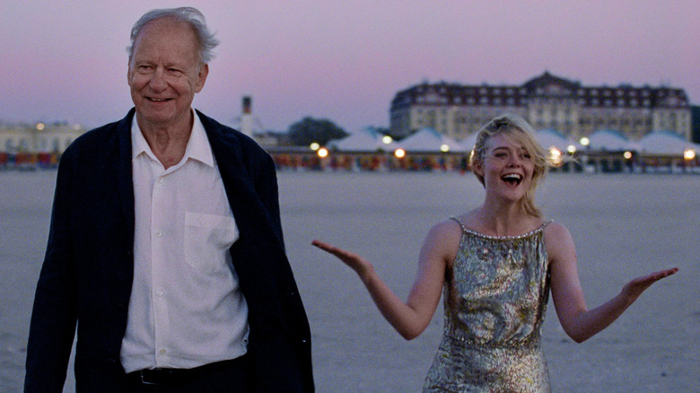 Stellan Skarsgård and Elle Fanning as Gustav Borg and Rachel Kemp in Sentimental Value