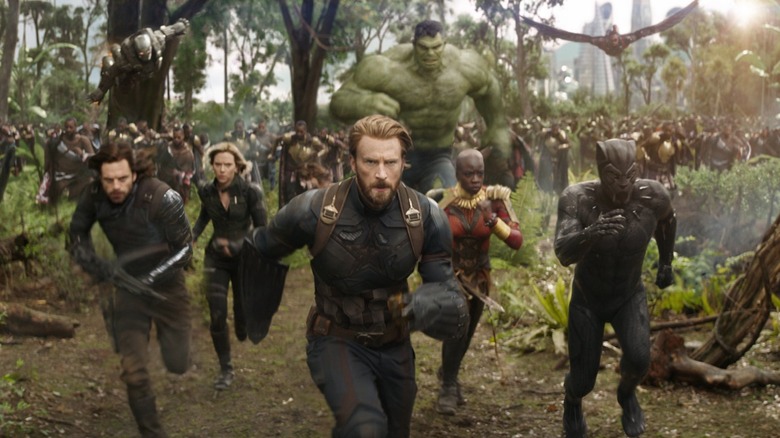 Chris Evans, Scarlett Johansson, Chadwick Boseman, Sebastian Stan, Danai Gurira with an army behind them.