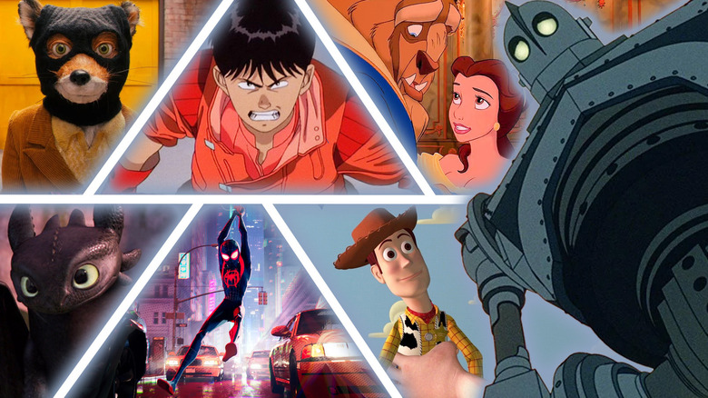 The Iron Giant (Vin Diesel) in The Iron Giant looks down at a collage featuring Mr. Fox (George Clooney) in Fantastic Mr. Fox, Shōtarō Kaneda (Mitsuo Iwata) in Akira, Beast (Robby Benson) and Belle (Paige O'Hara) in Beauty and the Beast (1991), Toothless (Randy Thorn) in How to Train Your Dragon (2010), Spider-Man (Shameik Moore) in Spider-Man: Into the Spider-Verse, and Woody (Tom Hanks) in Toy Story