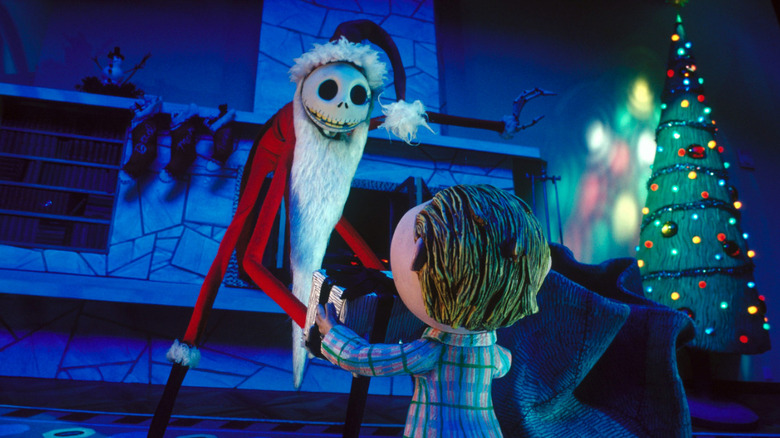Jack Skellington (Chris Sarandon) presents a boy with a present at Christmas in The Nightmare Before Christmas