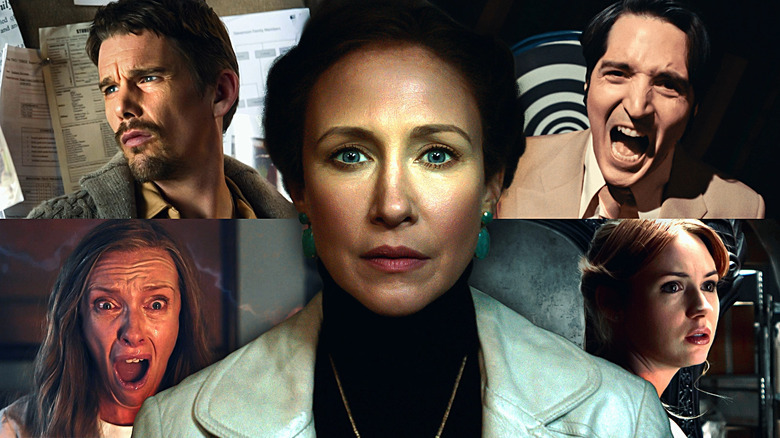 Vera Farmiga in The Conjuring, and around her, Toni Collette in Heredtiary, Karen Gillan in Oculus, David Dastmalchian in Late Night with the Devil, and Ethan Hawke in Sinister in a composite image