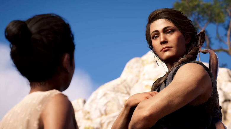 The female avatar looking at a little girl in Assassin's Creed Odyssey