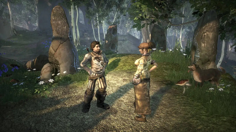 Two characters talking in the woods in Fable