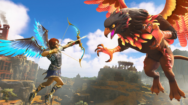 Fenyx aiming a bow and arrow at a griffin in Immortals Fenyx Rising