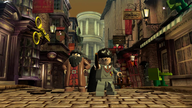 LEGO Hagrid and LEGO Harry standing in Diagon Alley in LEGO Harry Potter Collection