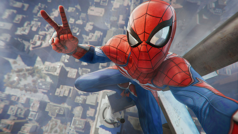 Spider-Man taking a selfie from a skyscraper in Marvel's Spider-Man