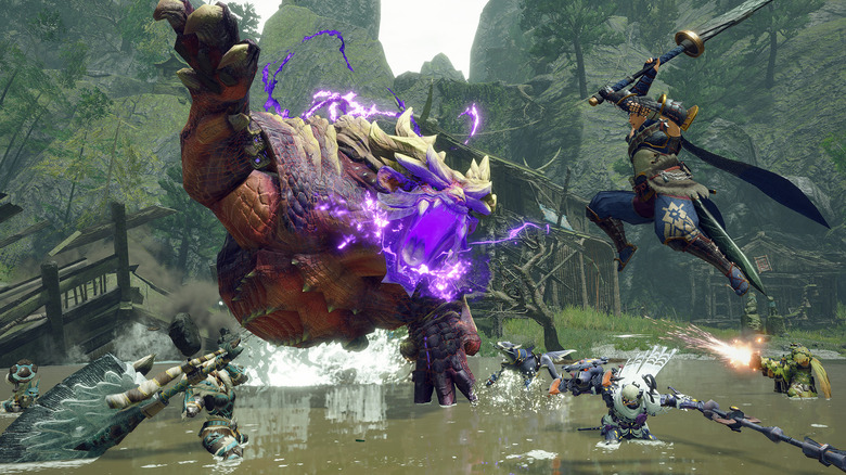 A party of hunters fighting a Magnamalo in Monster Hunter Rise