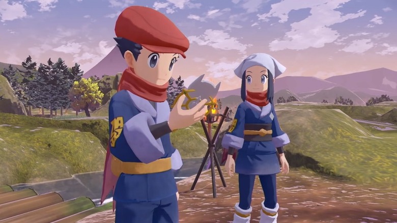 Akari looking at Rei holding an Arceus Phone in Pokemon Legends Arceus