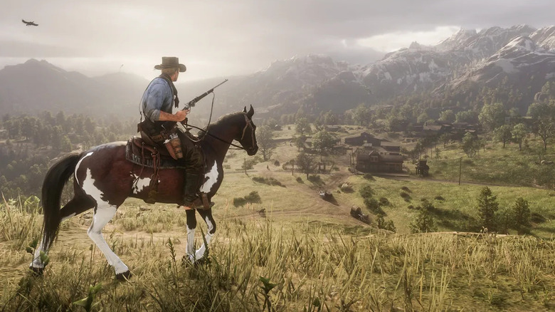 A player character riding a horse in Red Dead Redemption 2