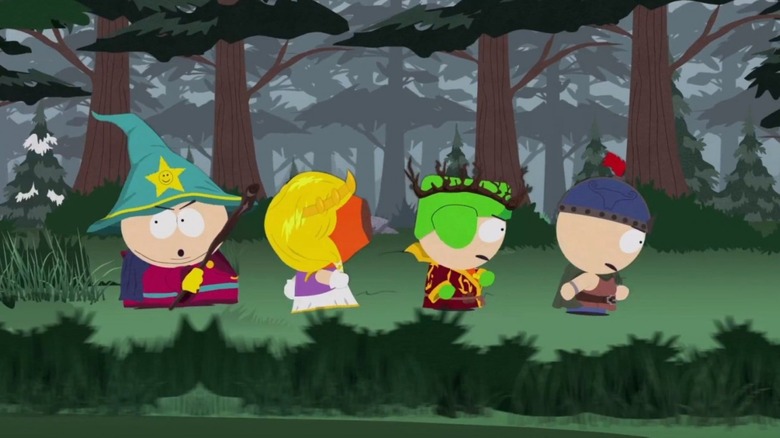 Cartman, Kenny, Kyle, and Stan in the forest in South Park: The Stick of Truth