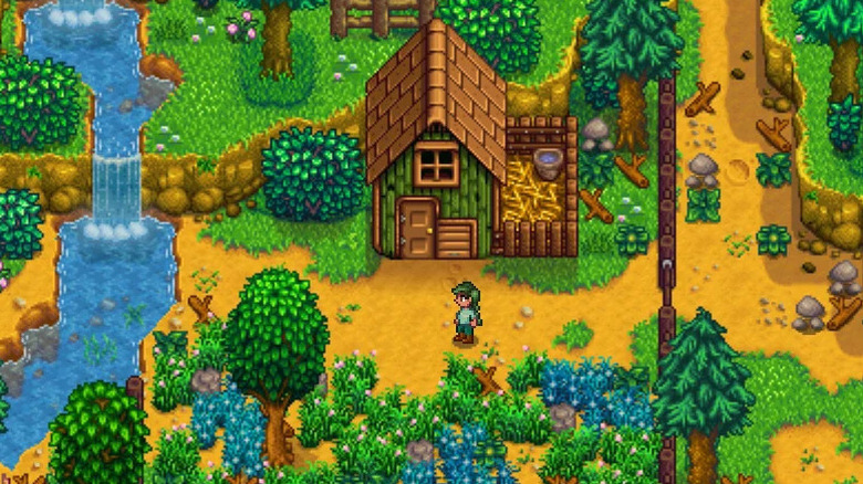 A player standing near their home in Stardew Valley