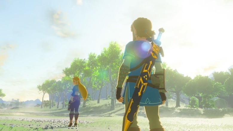 Link following Zelda outdoors in a cutscene from Breath of the Wild