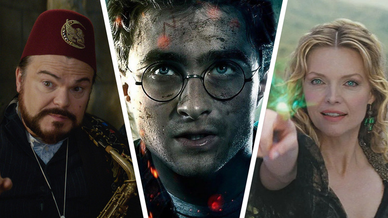 Jack Black in The House with a Clock in Its Walls, Harry Potter in the Deathly Hallows, and Michelle Pfeiffer in Stardust in a composite image