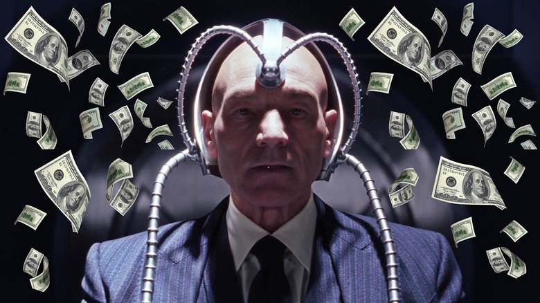 Patrick Stewart as Charles Xavier using Cerebro surrounded by money in X-Men