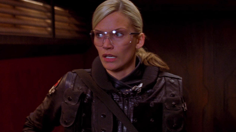 Natasha Henstridge as Lieutenant Melanie Ballard with a surprised look on her face in Ghosts of Mars