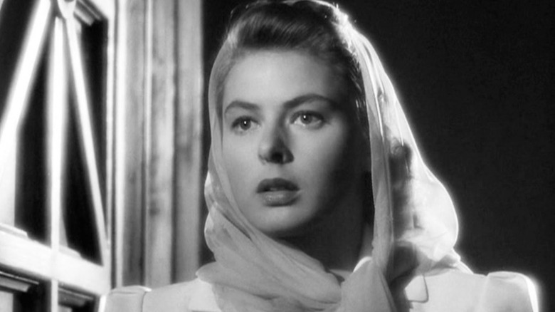 Ingrid Bergman as Ilsa Lund wearing a headscarf outside in Casablanca