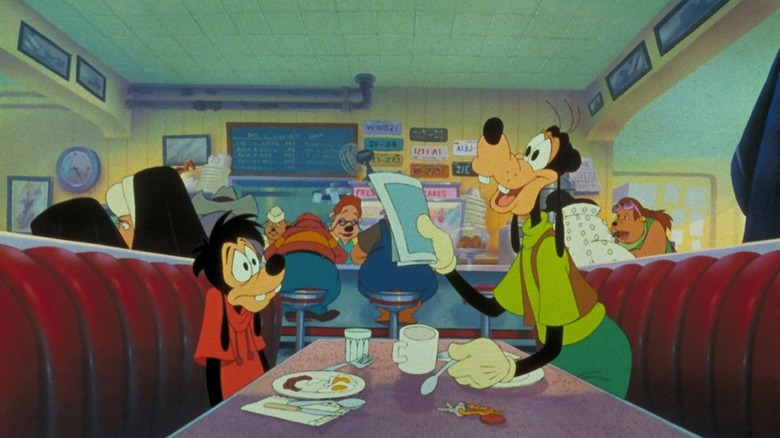 Max sitting with Goofy at a diner table in A Goofy Movie