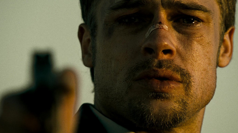 Brad Pitt's David Mills looks distressed in closeup in Seven