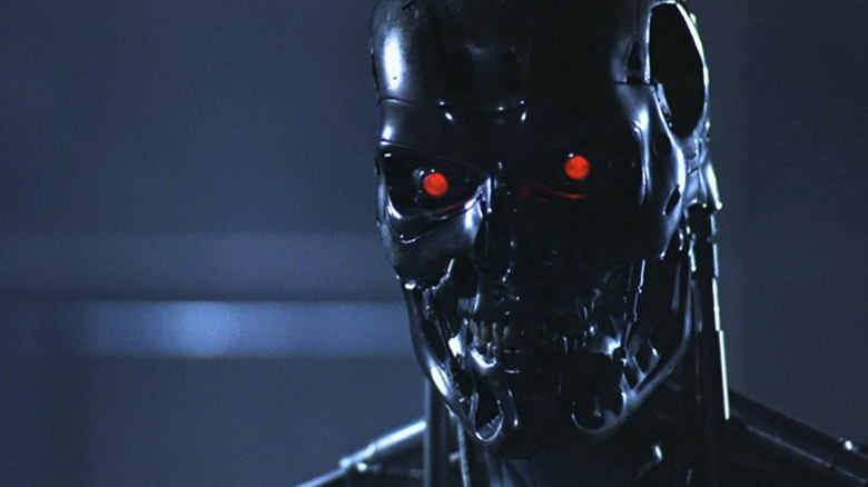 The Terminator with glowing red eyes