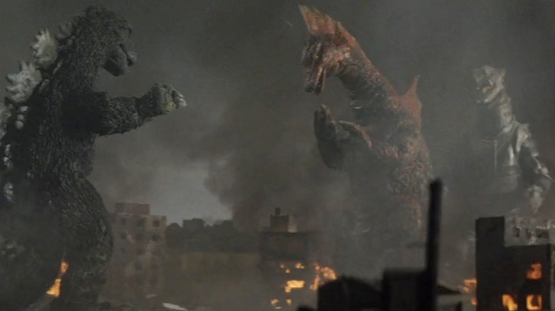 Godzilla, Titanosaurus, and Mechagodzilla fighting at the end of Terror of Mechagodzilla