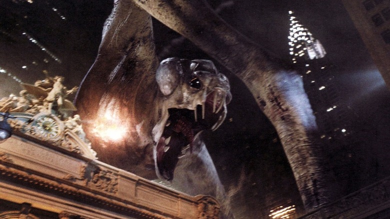The monster being shot at as it's coming over a building in Cloverfield