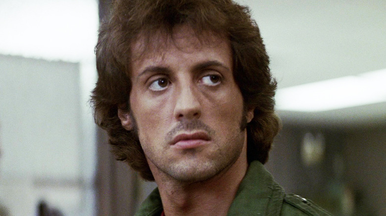 Sylvester Stallone's John Rambo is seen in closeup in First Blood