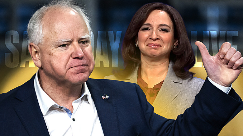 Tim Walz and Maya Rudolph as Kamala Harris in front of a Saturday Night Live logo
