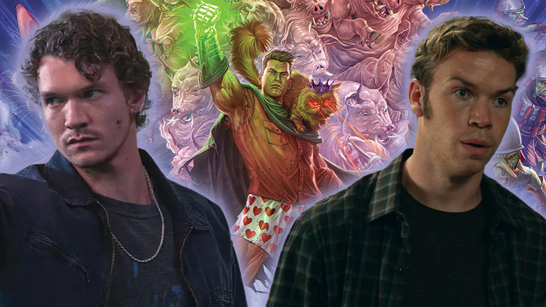 Conner Storrie and Will Poulter with art from a Dungeon Crawler Carl board game in a composite image