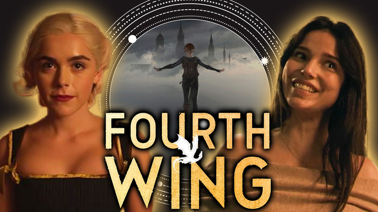 Inde Navarrette and Kiernan Shipka flanking the book cover of Fourth Wing