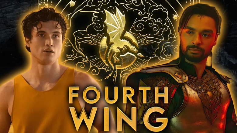 Charles Melton and Regé-Jean Page flanking a book cover from the Fourth Wing series