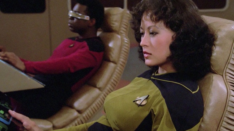 Ensign Lian T'Su at the helm of the Enterprise-D on Star Trek: The Next Generation.