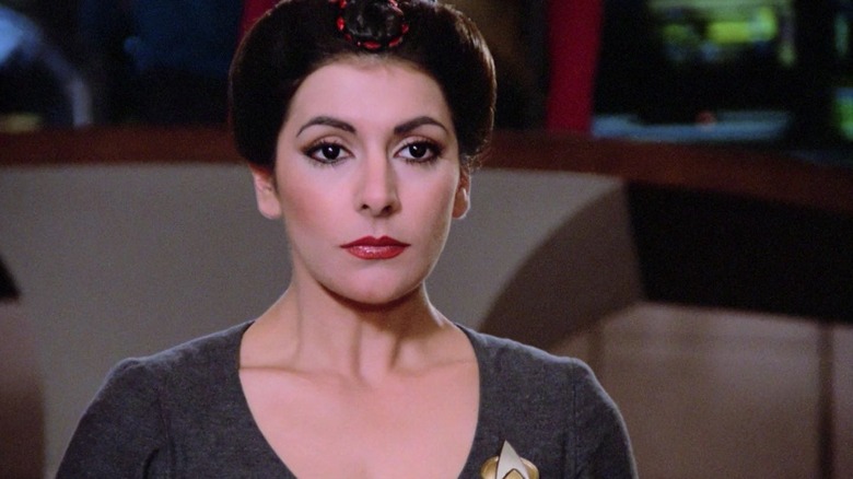 Counselor Troi on the bridge of the Enterprise-D on Star Trek: The Next Generation.