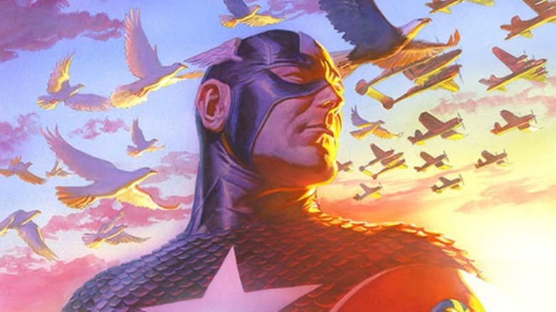Alex Ross drawn Captain America cover showing Cap looking to the sky as birds and planes fly by him