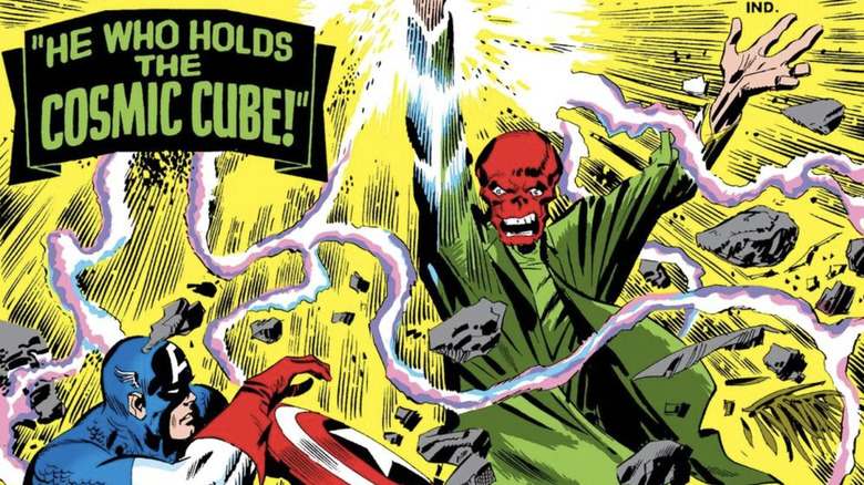 Tales of Suspense #80 cover - The Red Skull holding the Cosmic Cube as rocks float and Captain America looks on