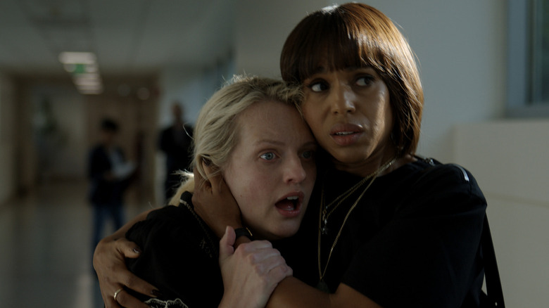 Eleanor holding Mary (with both of them looking shocked) on Imperfect Women