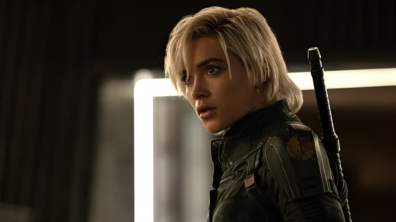 Yelena looking concerned with a katana strapped to her back in Thunderbolts*