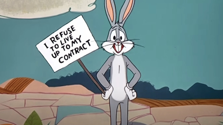 Bugs Bunny mounts a protest in the Looney Tunes cartoon Rabbit Rampage