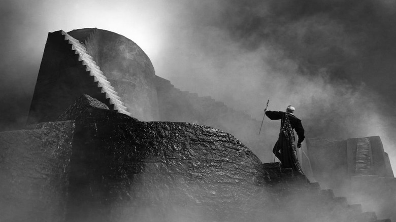 A smoky stairwell at Elsinore Castle in the 1948 version of Hamlet