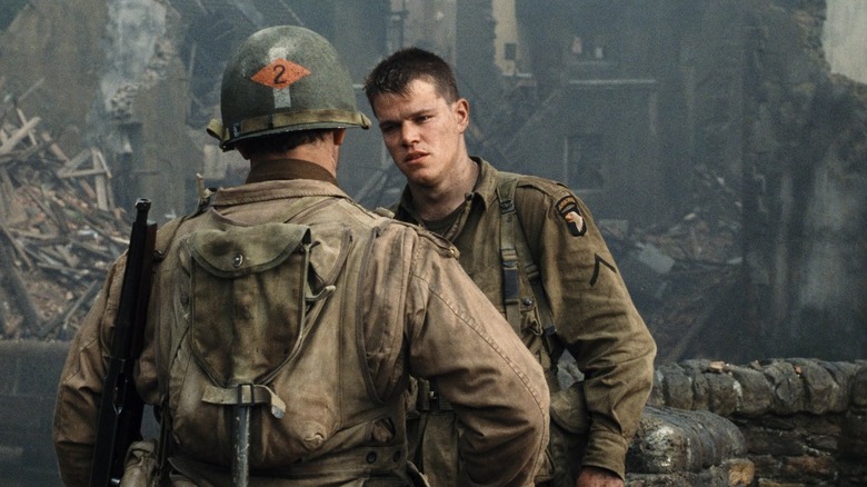 Private Ryan talking to a soldier in Saving Private Ryan