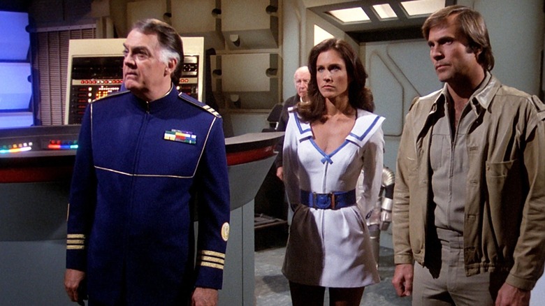 Admiral Asimov, Wilma, and Buck Rogers on a ship's bridge on Buck Rogers in the 25th Century