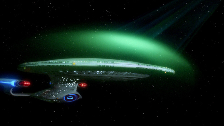 The Enterprise-D being hit by a weapon on Star Trek: The Next Generation
