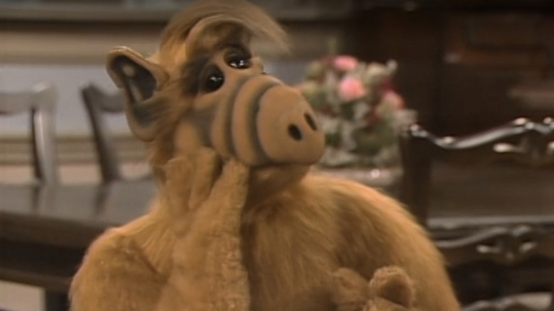 Paul Fusco's ALF leans his head on his arm and looks to his left in ALF
