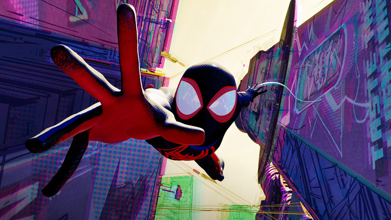 Miles flying through a New York neighborhood in Spider-Man: Across the Spider-Verse