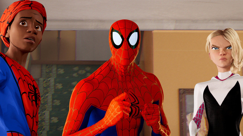 Miles Peter B. and Gwen looking confused in Spider-Man: Into the Spider-Verse